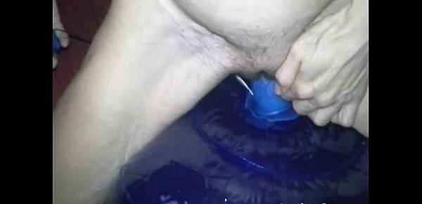  Skinny mature chick fucks blue dildo